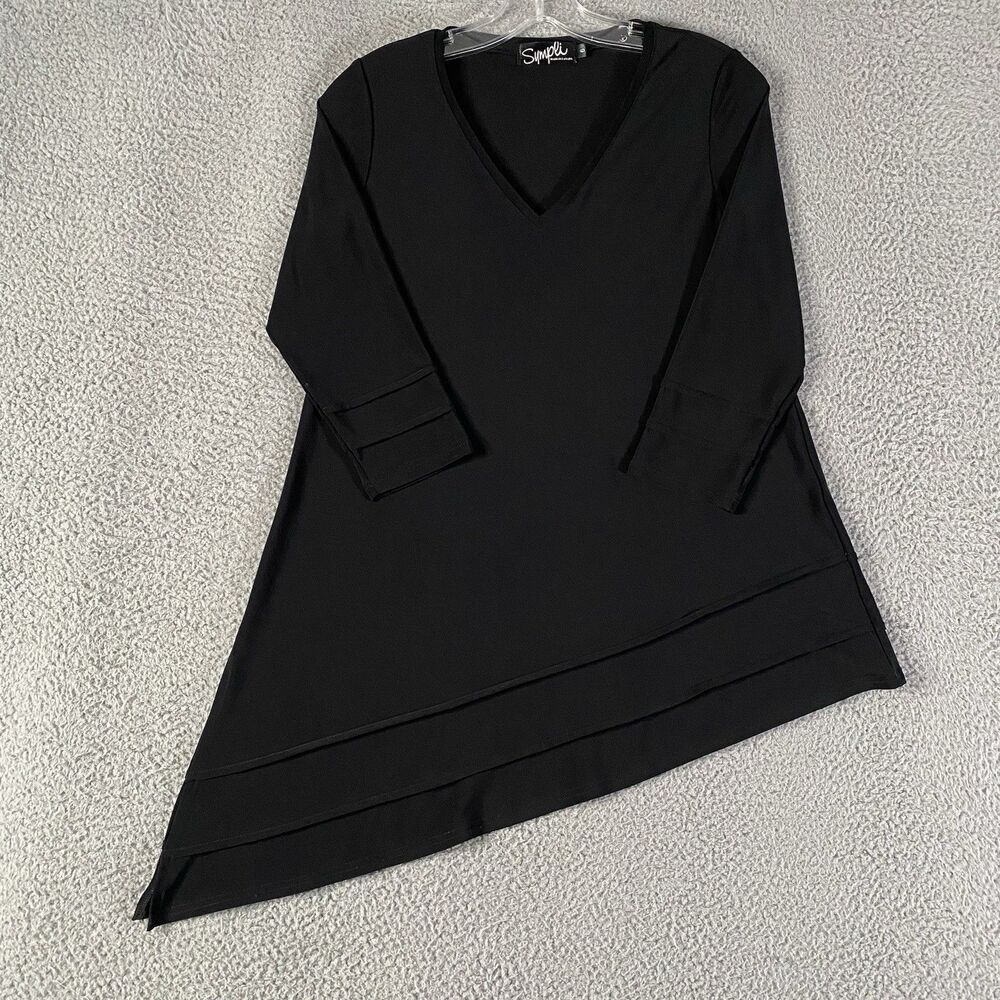 Sympli Tunic Top Womens 6 Black Asymmetrical 3/4 Sleeve V Neck Blouse Lagenlook